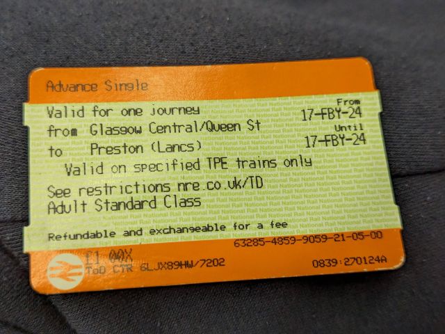 An advance single train ticket from Glasgow to Preston that cost £1.